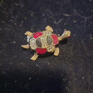 Gold-Tone Turtle Brooch with Red Enamel and Clear Rhinestones